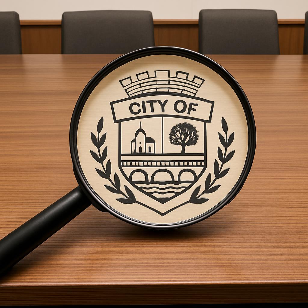 Magnifying glass with the Seal of City emblem, sitting on a conference table.